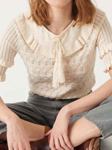 Женский трикотажный пуловер, персиковый пуловер с коротким рукавом и оборками, осень 2022