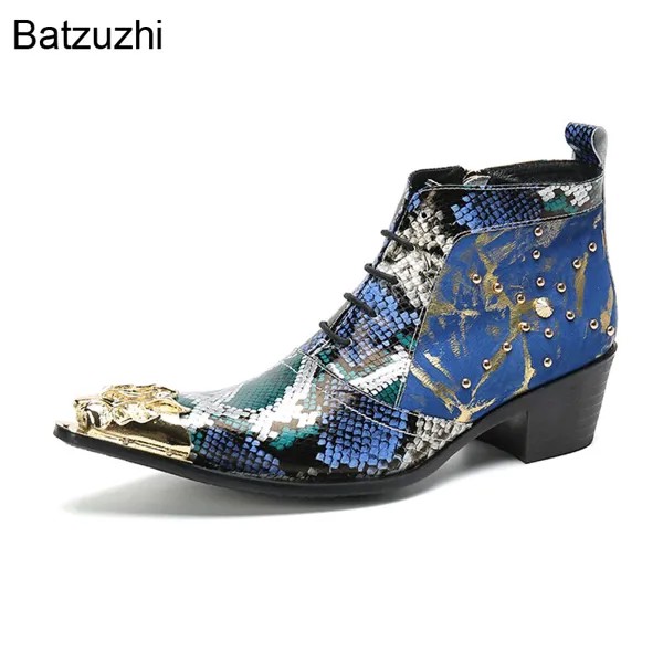 Ботильоны Batzuzhi мужские кожаные, с металлическим носком золотистого цвета синие роскошные ботинки ручной работы, на шнуровке, на молнии, сти...