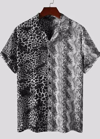 Плюс размер Мужская леопардовая змея Шаблон Пэчворк Revere Collar Casual Рубашка