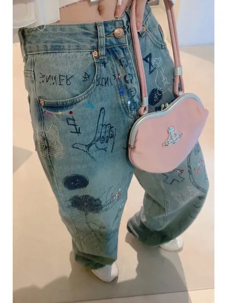 Корейские модные свободные широкие джинсовые брюки с высокой талией и принтом граффити, новинка 2023, весенние повседневные Прямые джинсы