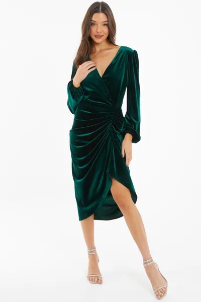 Зеленое бархатное платье миди с запахом и сборками Quiz