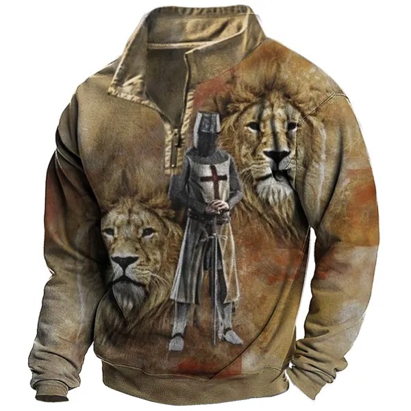 Мужская винтажная толстовка с воротником-стойкой и принтом Temple Cross Lion