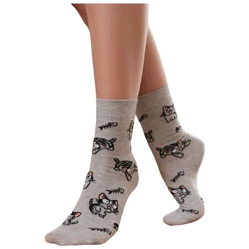Женские носки с принтом LAMBONIKA Котята с рыбкой, цвет: серый,светло-серый меланж, размер: 38-40