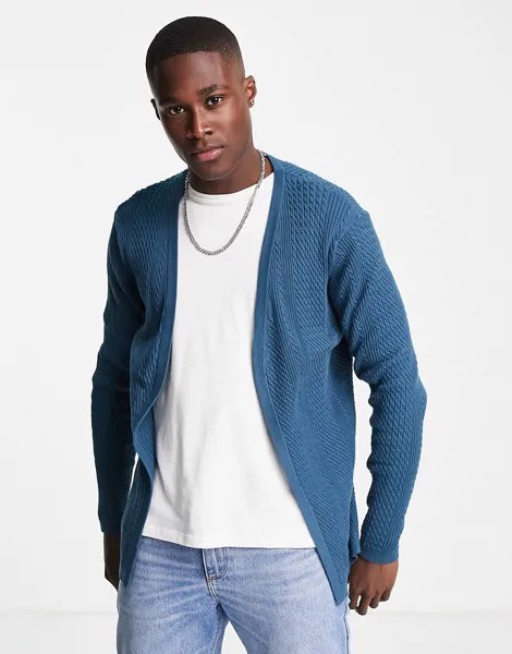 Легкий кардиган с узором «косичка» цвета синего денима ASOS DESIGN-Голубой
