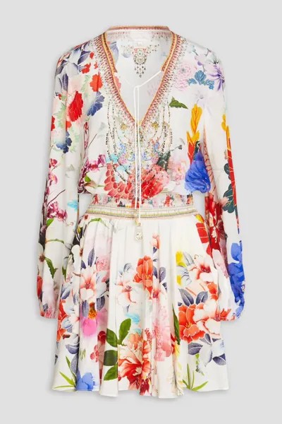 Платье мини из шелкового крепдешина с цветочным принтом Camilla, белый