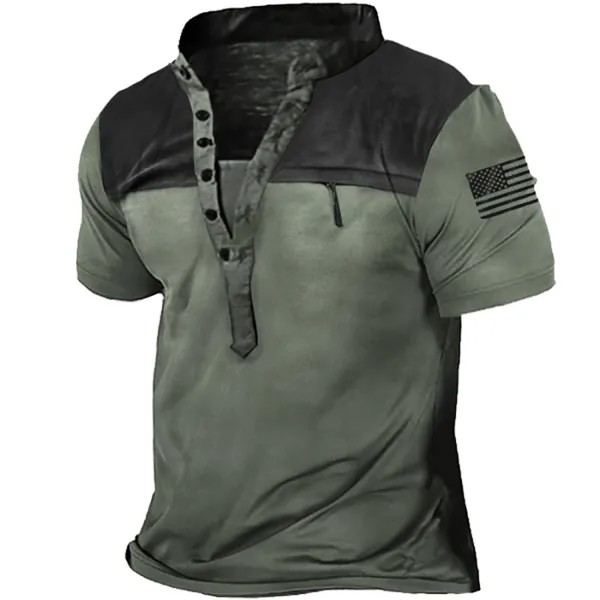 Мужская уличная тактическая лоскутная футболка с карманом на молнии и воротником Henley