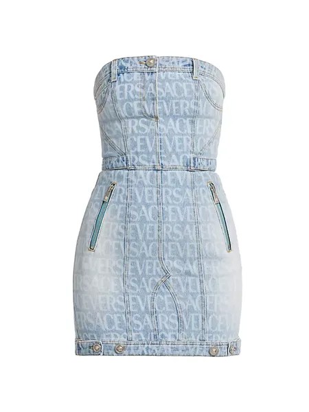 Джинсовое мини-платье с логотипом Allover Versace, синий