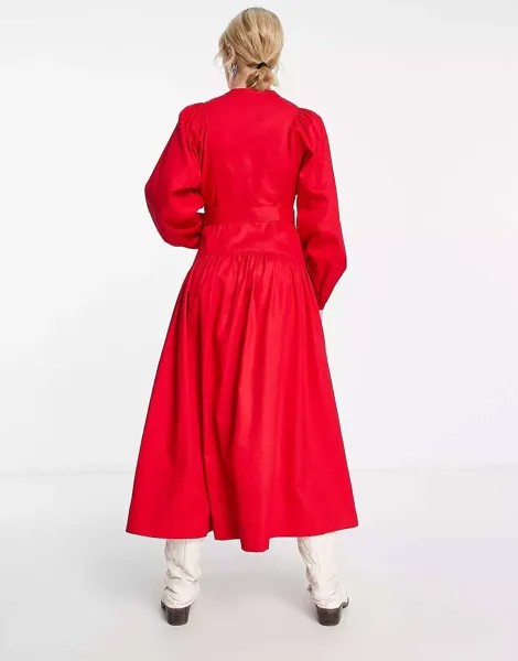 Платье миди из хлопка с поясом и объемными рукавами Whistles ярко-красного цвета
