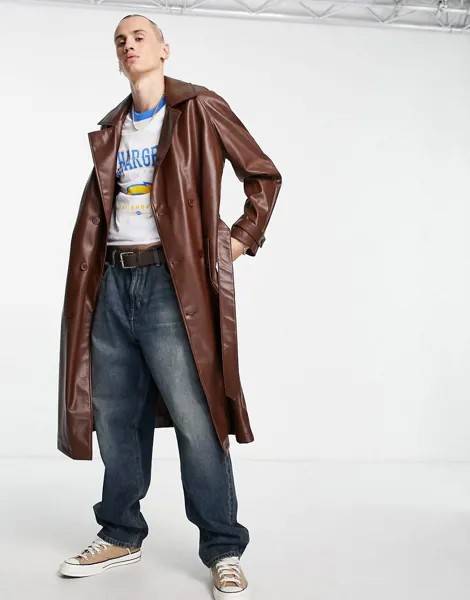 Коричневый тренч в стиле oversized из искусственной кожи ASOS DESIGN-Коричневый цвет