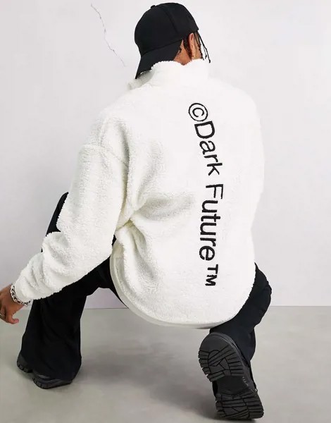 Oversized-куртка из плюша молочно-белого цвета на сквозной молнии с высоким воротником с высоким воротником-Белый
