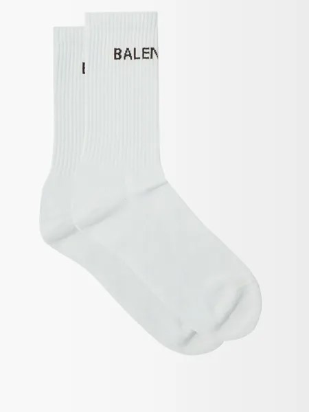 Шерстяные носки в рубчик с жаккардовым логотипом Balenciaga, светло-синий