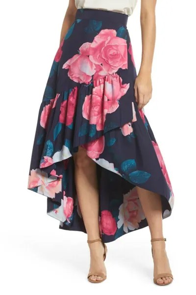 ELIZA J Темно-синяя розовая юбка-миди из тафты с рюшами и розовым цветочным принтом 8