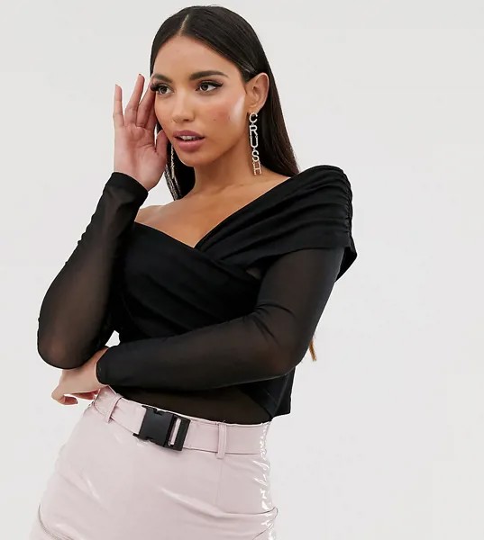 Черное боди с открытыми плечами, запахом и сетчатыми рукавами ASOS DESIGN Tall-Черный