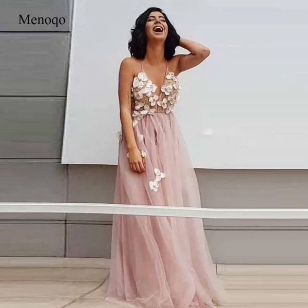Menoqo богемные розовые пляжные тюлевые вечерние платья 2020 сексуальные с V-образным вырезом 3D цветочные платья для выпускного вечера