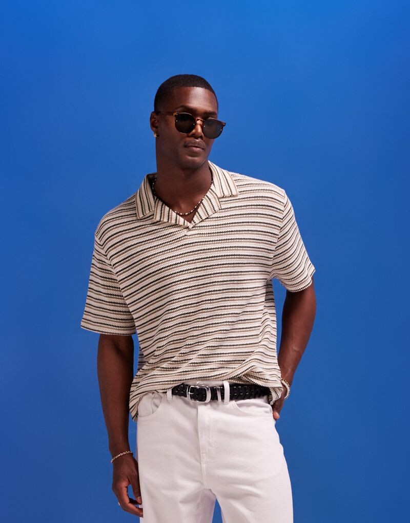 ASOS DESIGN — рубашка-поло свободного кроя в фактурную полоску с лацканами