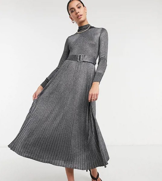 Трикотажное платье макси с поясом и плиссированной юбкой Fashion Union Tall-Черный
