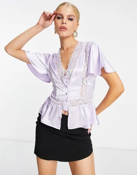 Сатиновая блуза Reclaimed Vintage с кружевными вставками сиреневого цвета