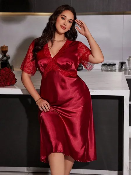 Silky Spell Пижама из искусственного шелка с кружевной отделкой, V-образный вырез, завязка на талии, большой размер Shein, белый/бордовый