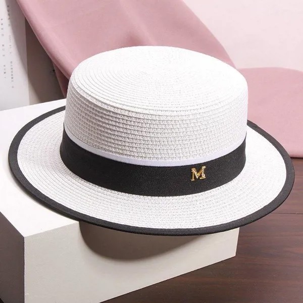 Шляпа Женская Летняя открытая пляжная шляпа Seaside Sun-Proof Sun Straw Hat Flat Top British Fresh Bowler Hat