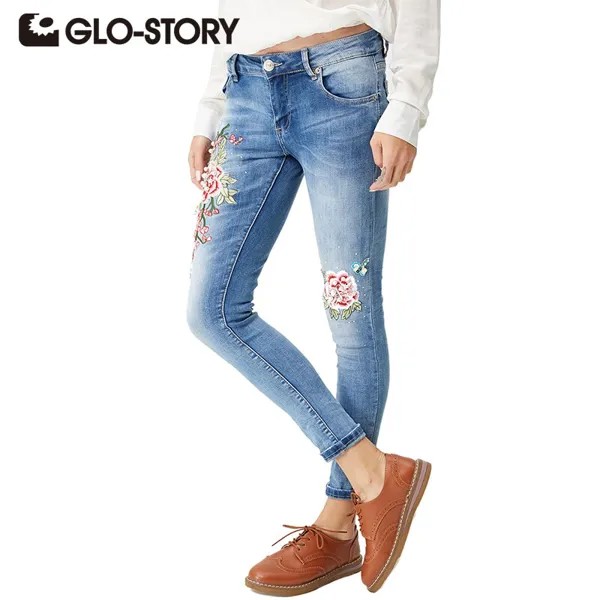GLO-STORY джинсы с цветочной вышивкой, 2018 женские джинсы с бисером, обтягивающие джинсы со средней талией, рваные джинсы с бисером, WNK-4103