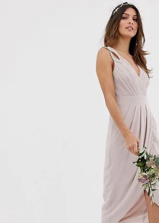 Эксклюзивное серо-коричневое платье миди для подружки невесты с запахом TFNC-Коричневый цвет