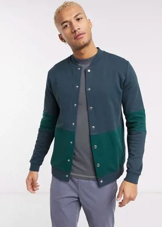 Темно-синий трикотажный бомбер на кнопках со вставками колор блок ASOS DESIGN