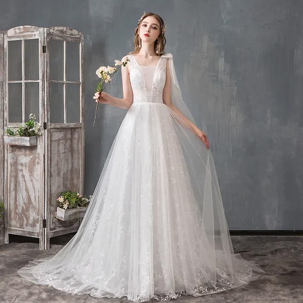 Y & M Novias модное простое новое французское легкое свадебное платье А-силуэта Элегантное маленькое платье со шлейфом и кружевными цветами для ...