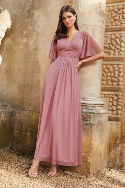 Платье-макси из свадебной коллекции с короткими рукавами вырезом под грудь Lipsy, розовый