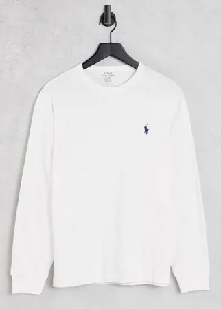 Белый плотный лонгслив в классическом стиле oversized с логотипом игрока Polo Ralph Lauren