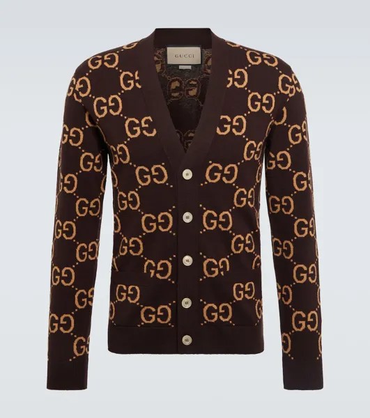 Шерстяной жаккардовый кардиган с узором GG Gucci, коричневый