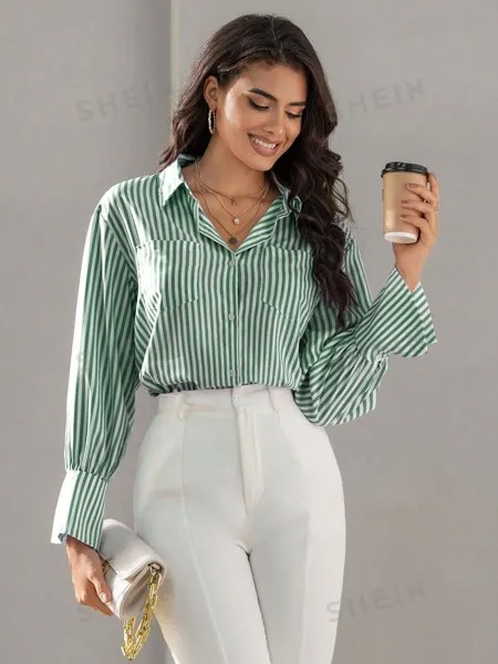Рубашка Shein BiZwear в вертикальную полоску, зеленый