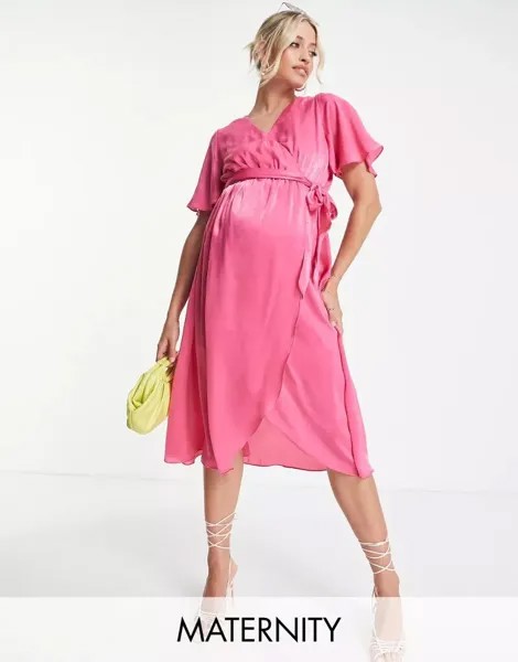 Ярко-розовое атласное платье миди с запахом и струящимися рукавами River Island