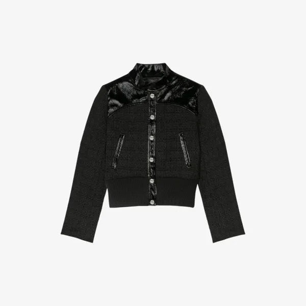 Твидовый пиджак с контрастными вставками и застежкой на пуговицы Maje, цвет noir / gris