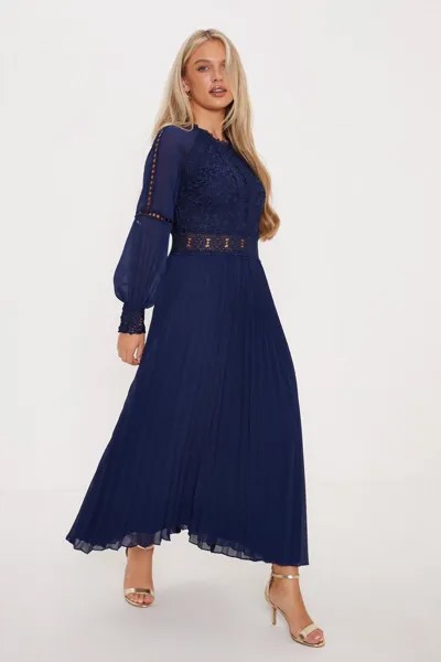 Премиальное кружевное платье миди со складками Oasis, темно-синий