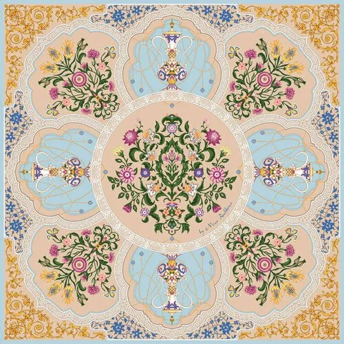 Платок Русские в моде by Nina Ruchkina,90х90 см, оранжевый, голубой