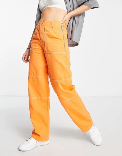 Оранжевые прямые брюки с отворотами на поясе Topshop Workwear