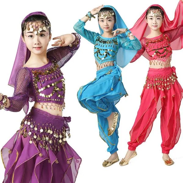 Девочки Дети Тюль Индийский Танец Живот Одежда Дети Выступление Костюм Топы Штаны 2шт Танцевальный набор
