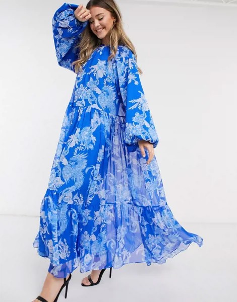 Синее платье макси oversized с цветочным принтом ASOS EDITION-Мульти