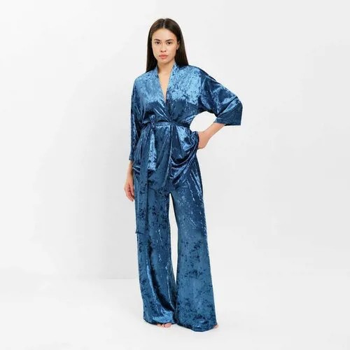 Пижама Kaftan, брюки, рубашка, укороченный рукав, пояс, размер 44, синий