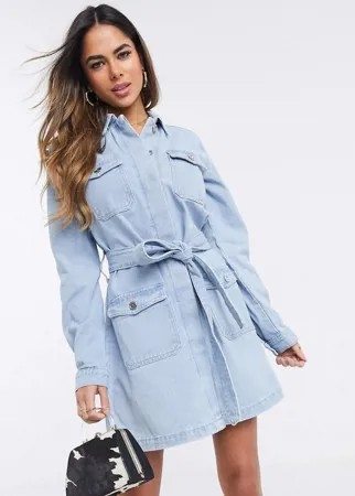 Выбеленное джинсовое платье-пиджак с поясом Missguided-Синий