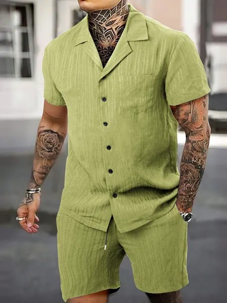 Мужская рубашка с коротким рукавом и шорты Manfinity Homme с однотонным контрастным воротником, лаймово-зеленый