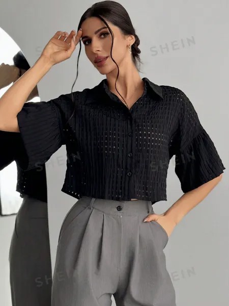 SHEIN Privé Текстурная рубашка с короткими рукавами и пуговицами спереди, черный