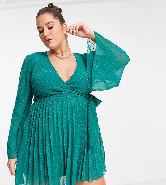 Зеленое плиссированное платье мини из ткани добби с запахом ASOS DESIGN Curve-Зеленый цвет
