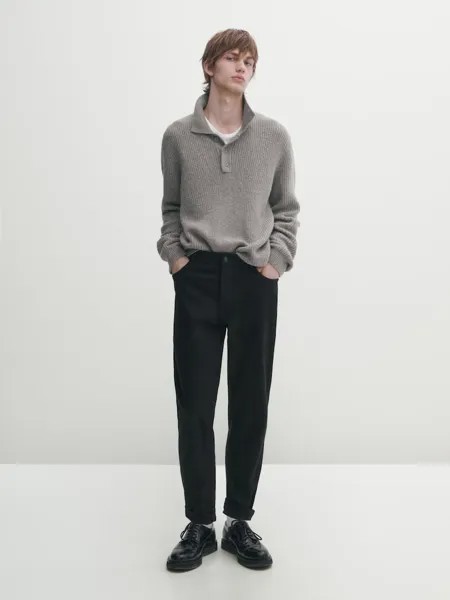 Свитер-Поло крупной вязки из смесового хлопка Massimo Dutti, серый