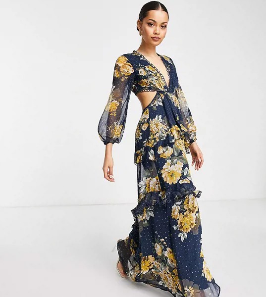 Платье макси с длинными рукавами, цветочным принтом, открытой спиной и отделкой кружочками ASOS DESIGN Petite-Разноцветный