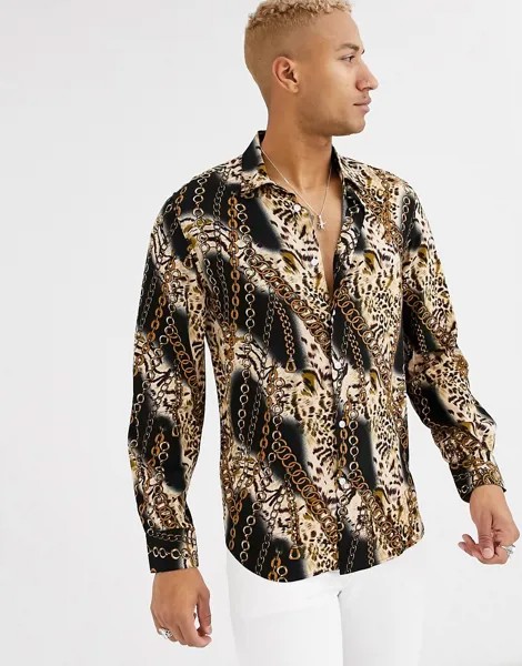 Свободная рубашка из вискозы с леопардовым принтом и длинными рукавами Devils Advocate-Коричневый