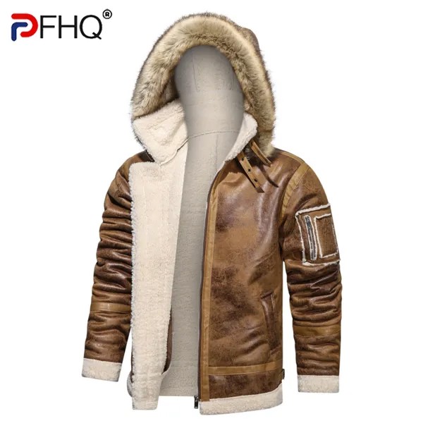 PFHQ 2023 норковый воротник с капюшоном овчины куртки стильное зимнее теплое кожаное пальто летный Костюм мотоциклетная одежда высокого качес...
