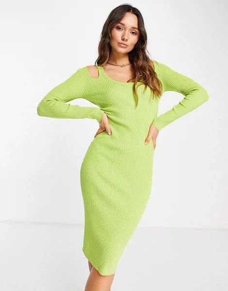 Платье миди в рубчик с вырезом на плече ASOS DESIGN-Зеленый цвет
