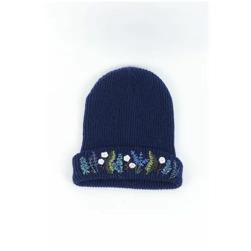 Шапка женская синяя Carolon вязаная с вышивкой / Стильные вязаные шапки для женщин с вышивкой
