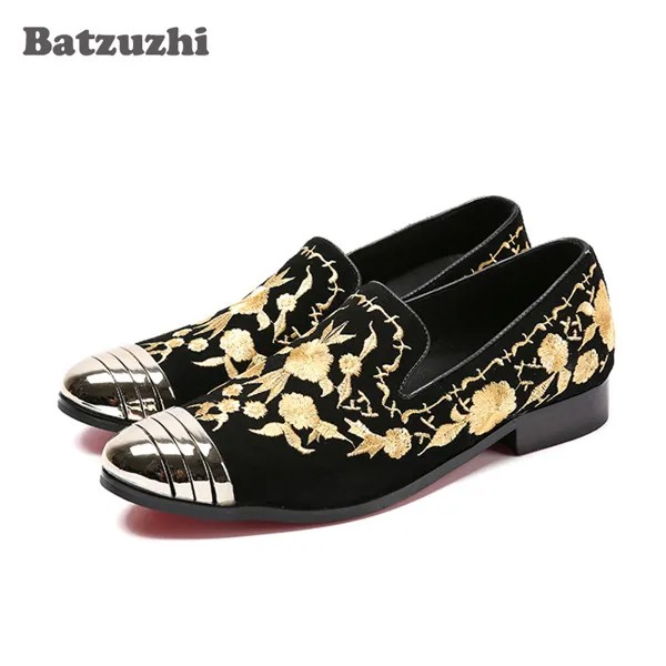 Batzuzhi новый итальянский Мужская обувь на плоской подошве; Мужские туфли-слипоны Лоферы черная замша с вышивкой мужская повседневная обувь Размеры EU38-46! Сапоги